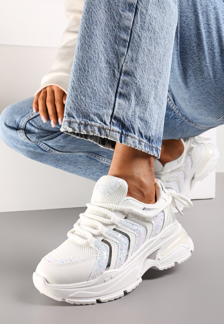 Adidași albi pe Talpă Masivă Decorați cu Sclipici Thirlas