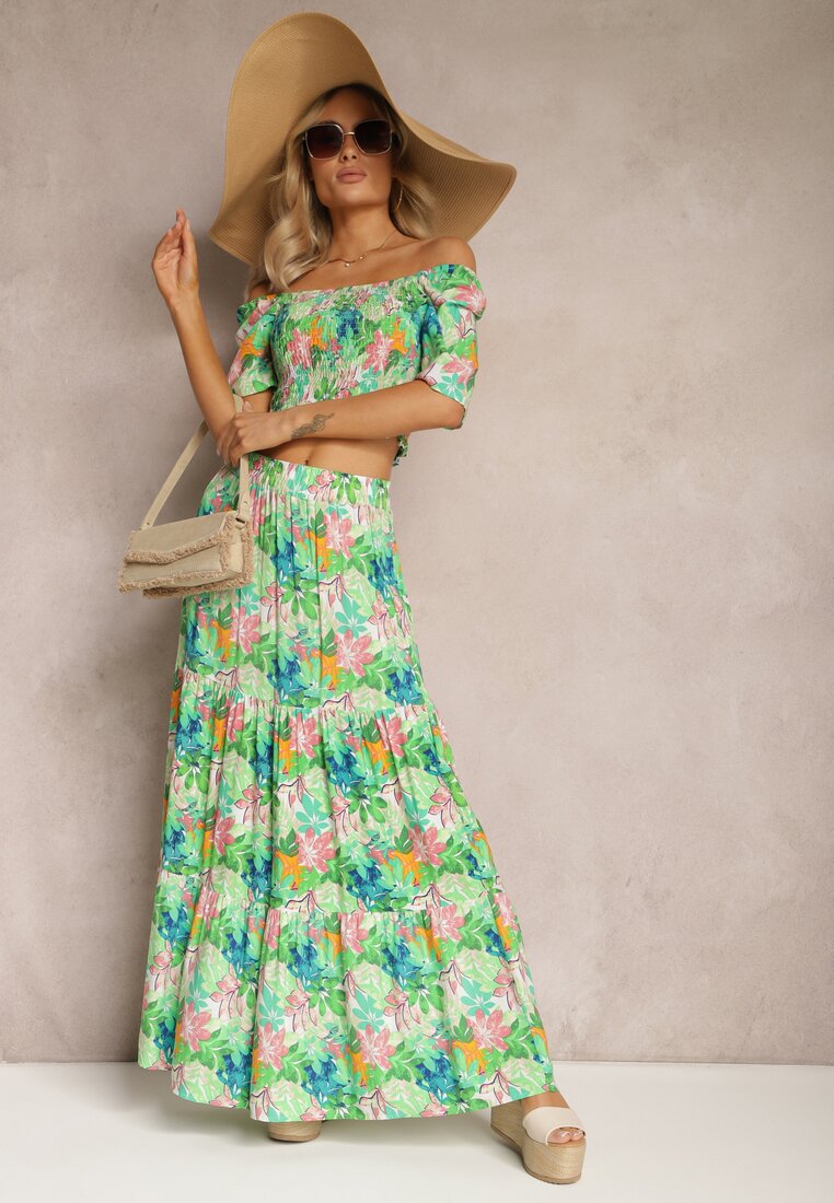Set Verde cu Top și Fustă Maxi cu Imprimeu Floral Savanasa