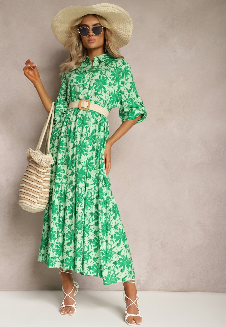 Rochie Maxi Verde cu Imprimeu Floral cu Corsaj tip Cămașă Lithaia