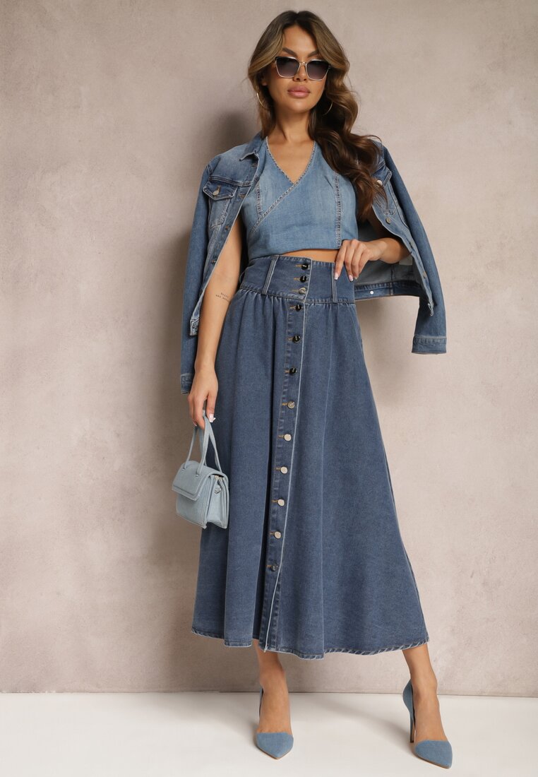 Fustă Bleumarin Denim Maxi cu Nasturi din Bumbac Rachellia