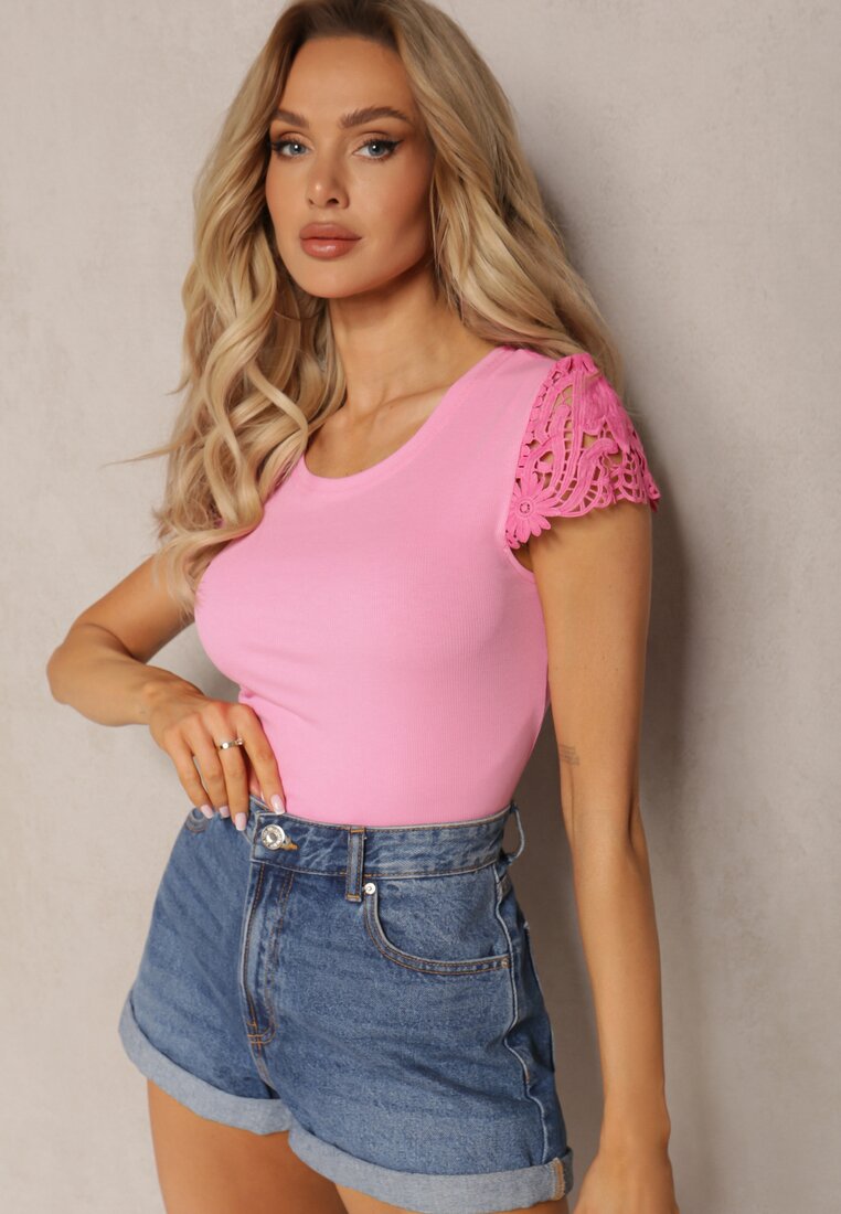 Top Roz din tricot reiat cu inserție de dantelă Ravile