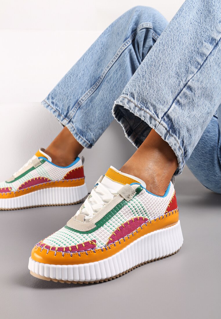 Sneakers Alb-Verzi cu platformă decorați cu nituri și inserții patchwork Jeneria