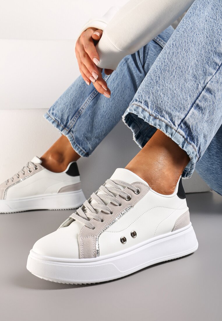 Sneakers Alb-Gri cu Inserții Metalice pe Talpă Groasă Amoone