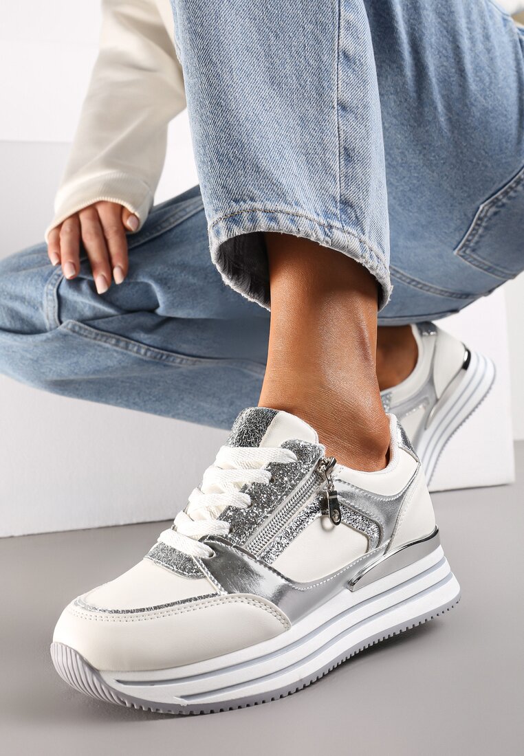 Adidași Argintii cu Inserții Metalice și Sclipici pe Talpă Groasă Anova