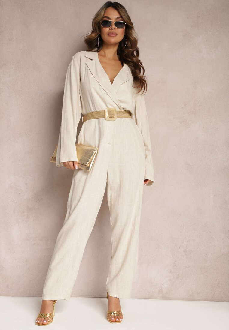 Salopetă Bej Deschis cu Curea Împletită, cu Bluză Petrecută și Craci Conici Avnja