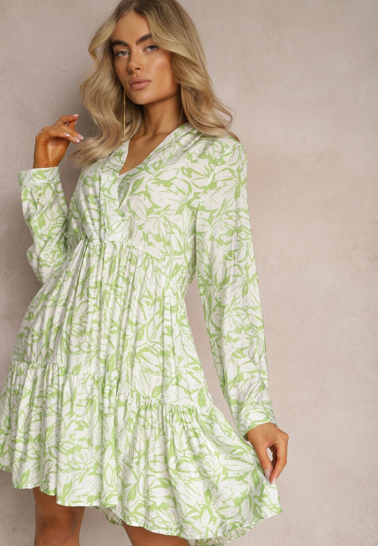 Rochie Mini Tip plic Verde-Albă cu Volănaș și Imprimeu Decorativ Oletia