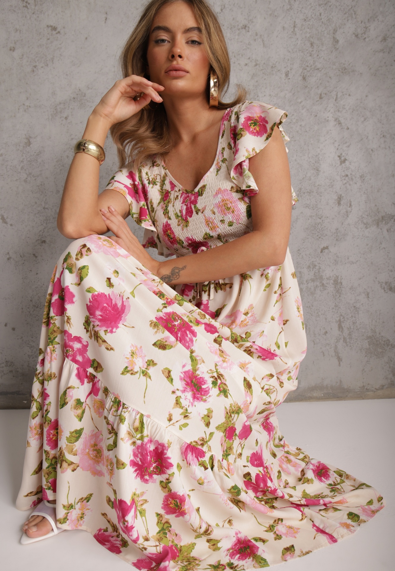 Rochie Bej deschis din Viscoză cu Imprimeu Floral Evazată Maxi Veradisia