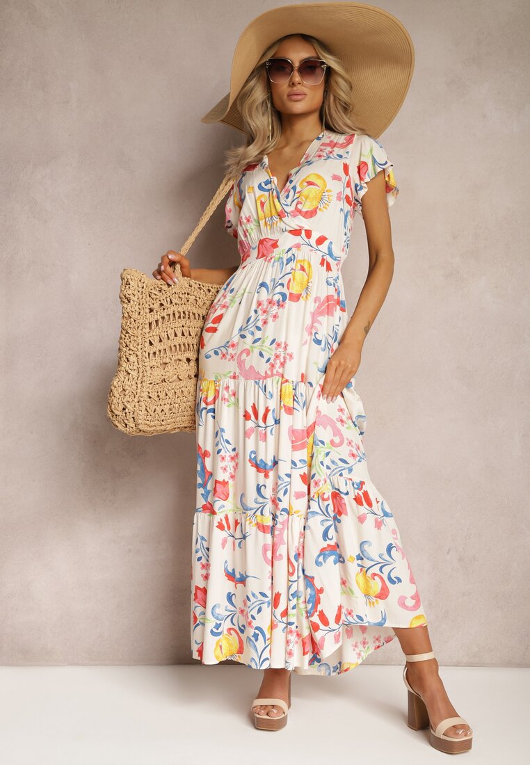 Rochie Albă Florală Maxi Evazată din Viscoză cu Volan Acatie