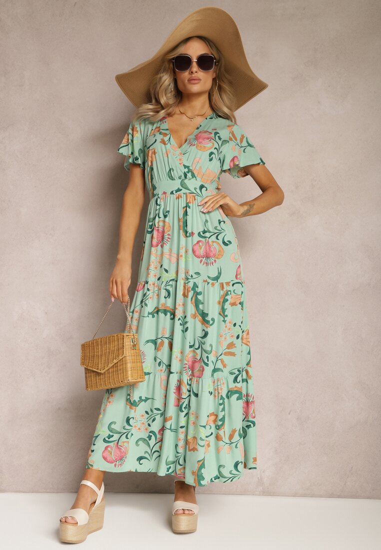 Rochie Verde Florală Evazată Maxi din Viscoză cu Volan Acatie