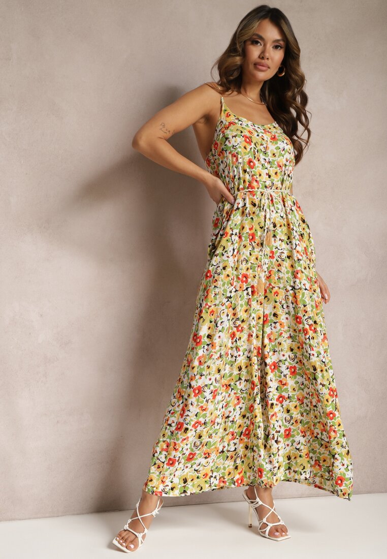 Salopetă Verde-Bej cu Picioare Largi cu Imprimeu Floral Legată cu un Șnur Decorativ Leliavia