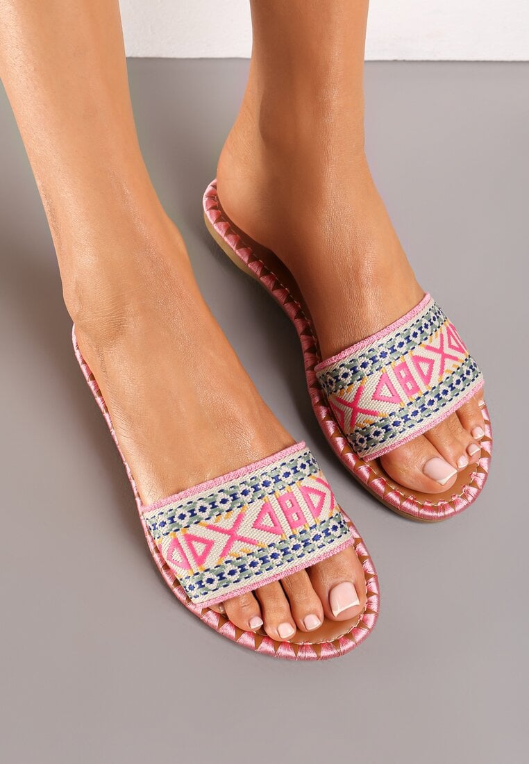 Papuci Plate Roșii cu Curea Decorativă cu Model Boho Omorea