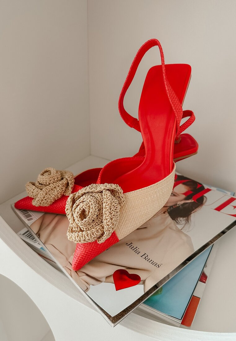 Sandale Roșii slip-on cu toc stiletto mic cu aplicație 3D floare Salthe