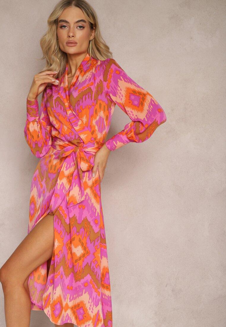 Rochie Roz Tip plic Midi cu Centură în Talie și Model Ikat Kllerdia