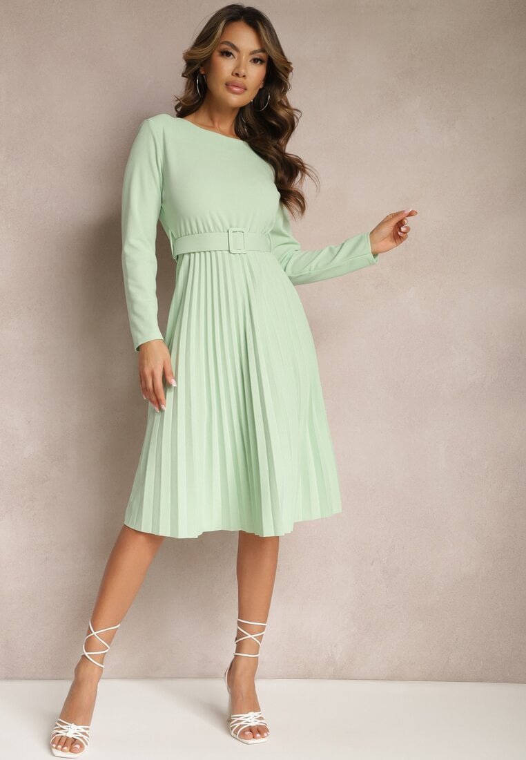 Rochie Verde Plisată Midi cu curea în talie Pailomena