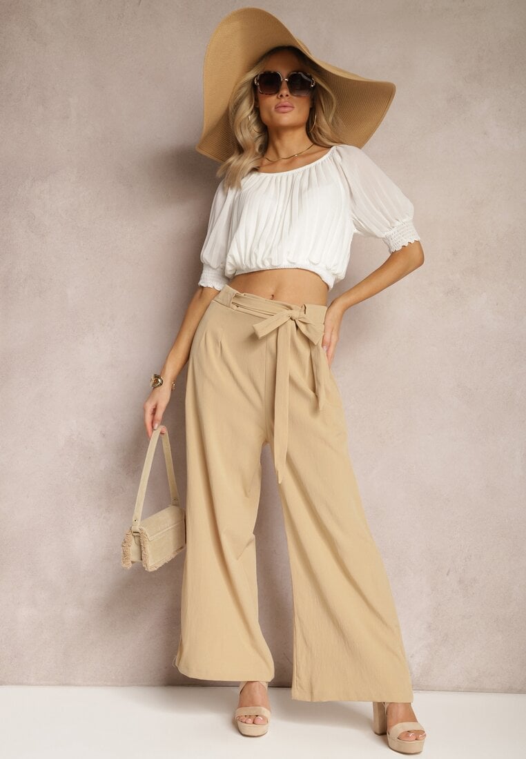 Pantaloni Bej închis Largi cu curea din material textil tip Paper Bag Lasette