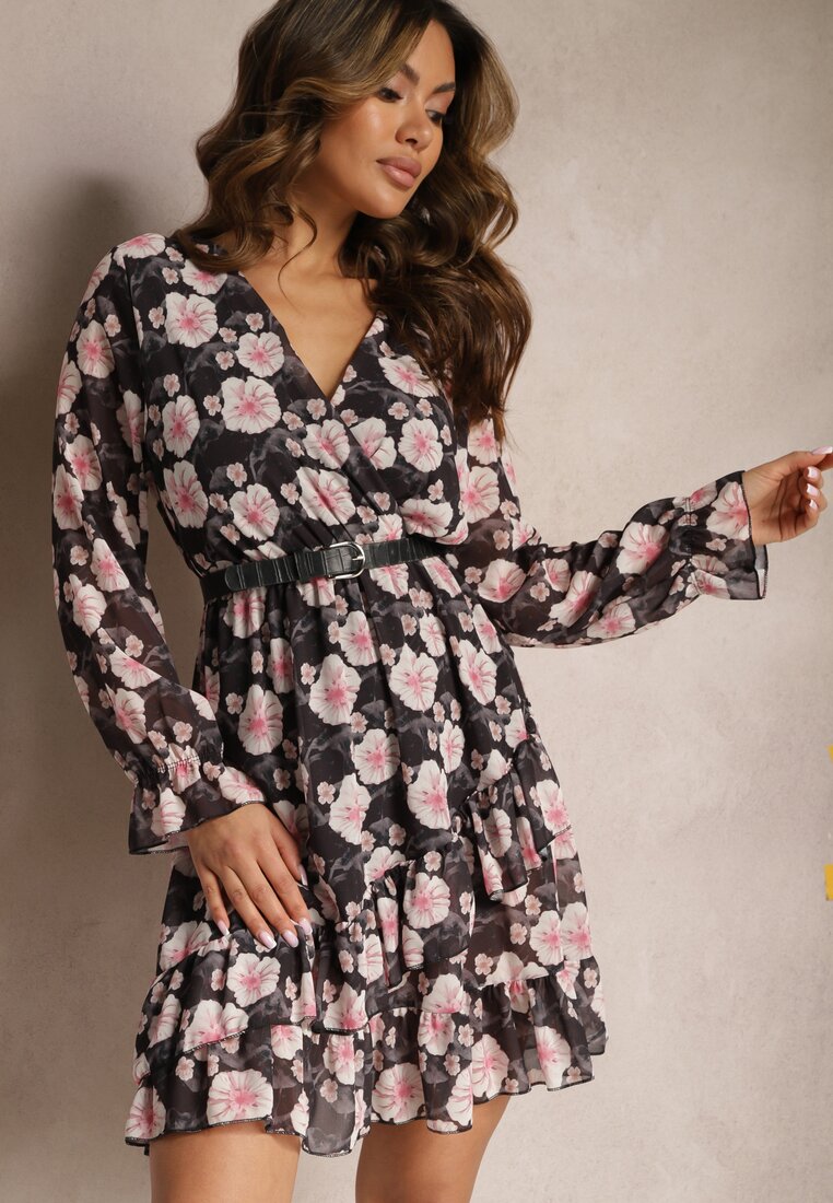 Rochie Neagră cu Imprimeu Floral cu Decolteu Triunghiular Marnlla