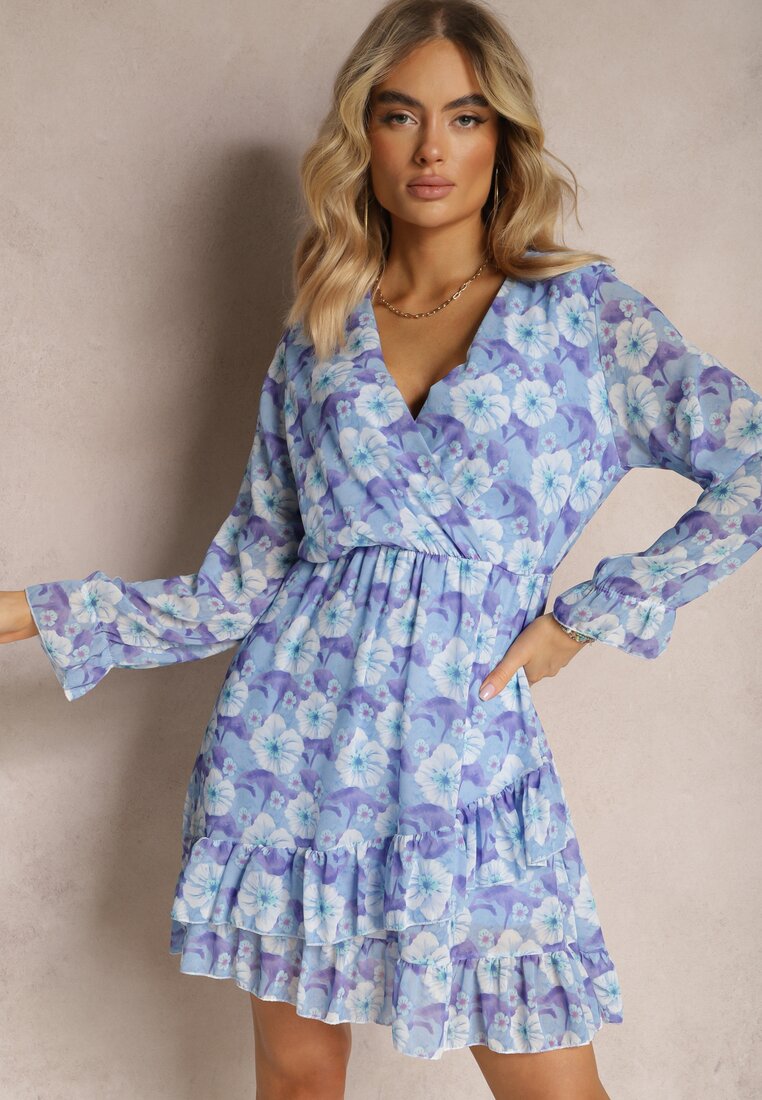 Rochie scurtă albastră cu model floral cu decolteu în V Icarba