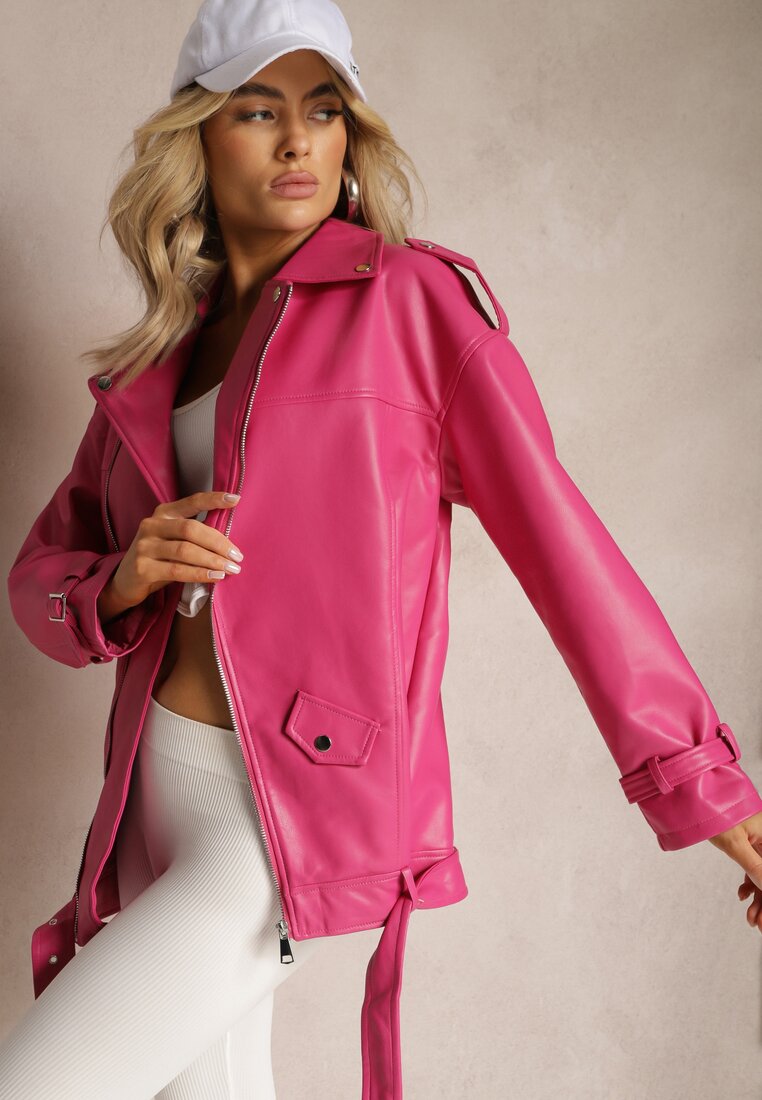 Geacă Ramones Fucsia Supradimensionată în Stil Motociclist din