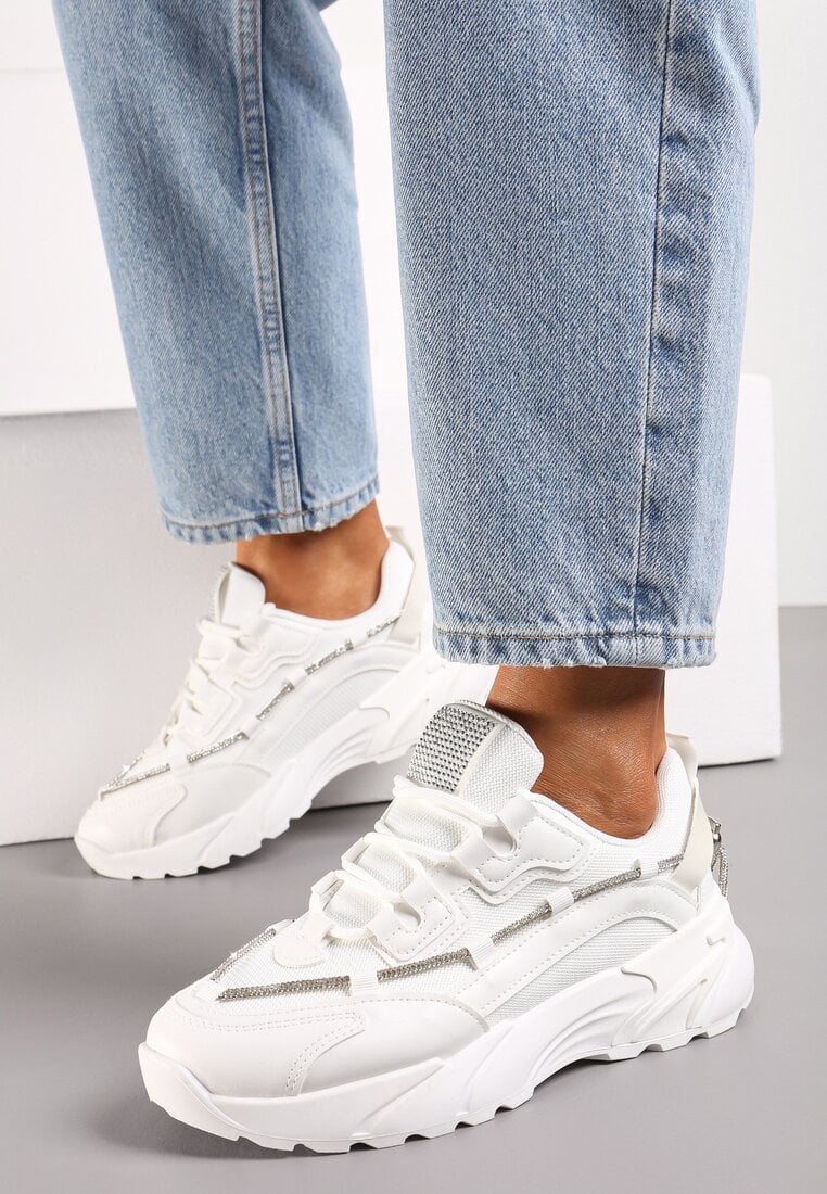Sneakerși Albi cu șnur decorativ cu zirconii Saerina
