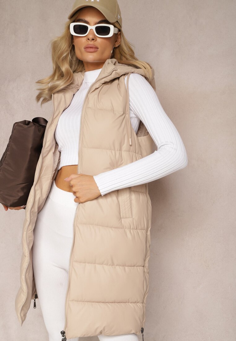 Vestă Lungă Bej Matlasată și cu Fermoar Bidirecțional Wetessa