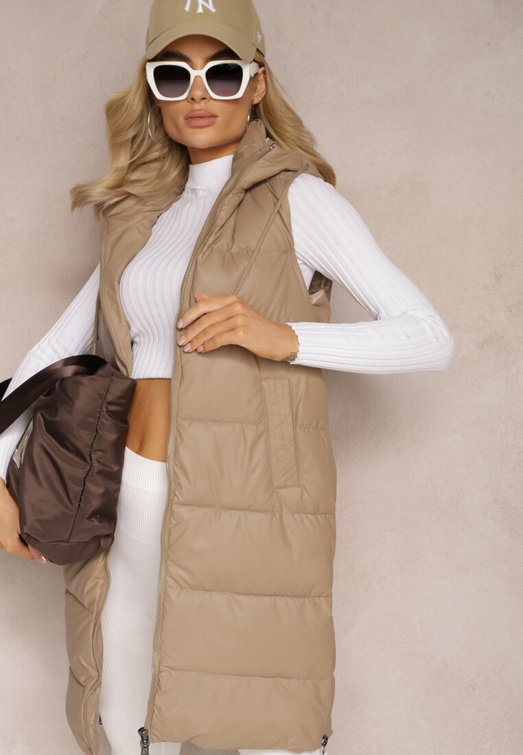 Vestă Lungă Bej închis cu Matlasare și Fermoar Bidirecțional Wetessa