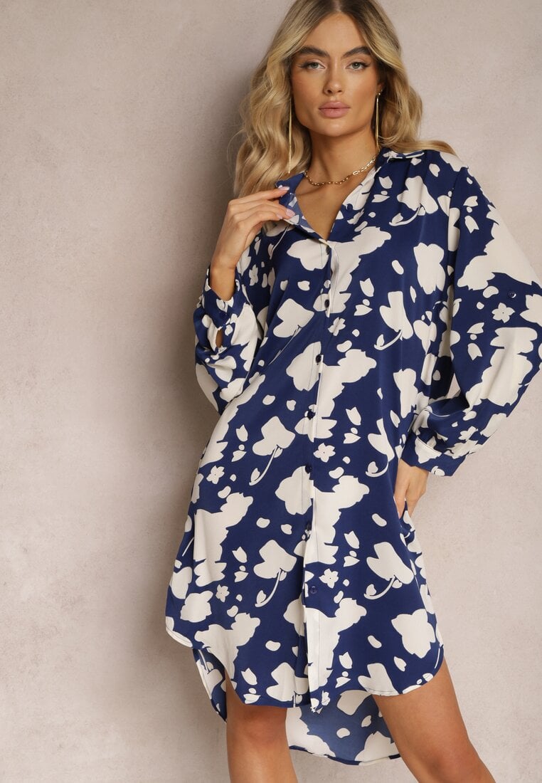 Rochie Tip Cămașă bleumarin cu model abstract și mâneci rulate Grailuna