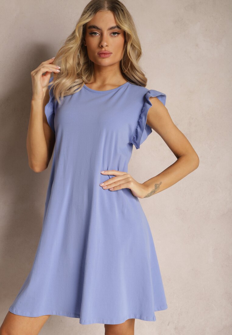 Rochie Trapezoidală Albastră deschisă din bumbac elastic cu volane la umeri Aleradia