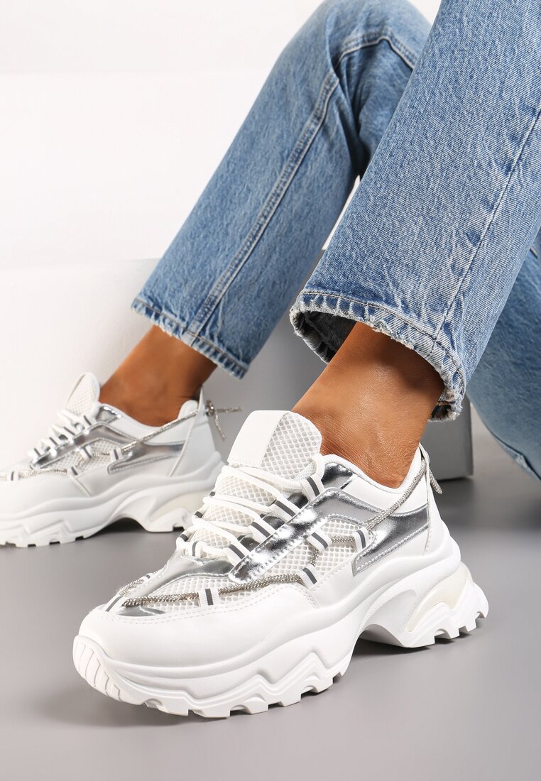 Adidași Albi cu Șiret Decorativ și Circonii pe Talpă Groasă Fionalee