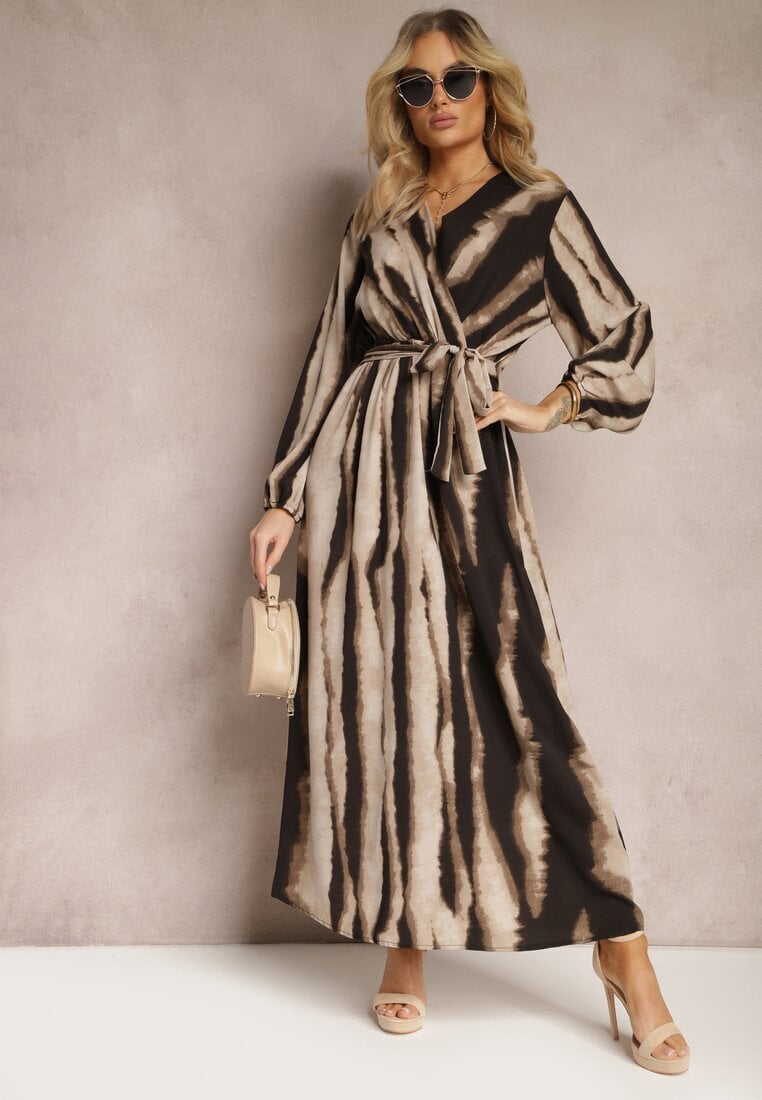 Rochie Evazată Maxi Maro-Neagră cu Decolteu Plic și Cordon din Material Textil Efengia