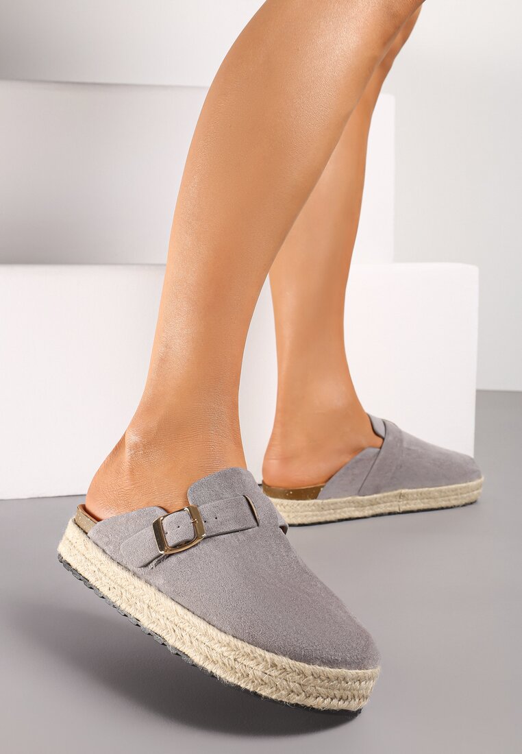 Papuci Mule Gri cu Partea Superioară Lată și Talpă Împletită Ilinna