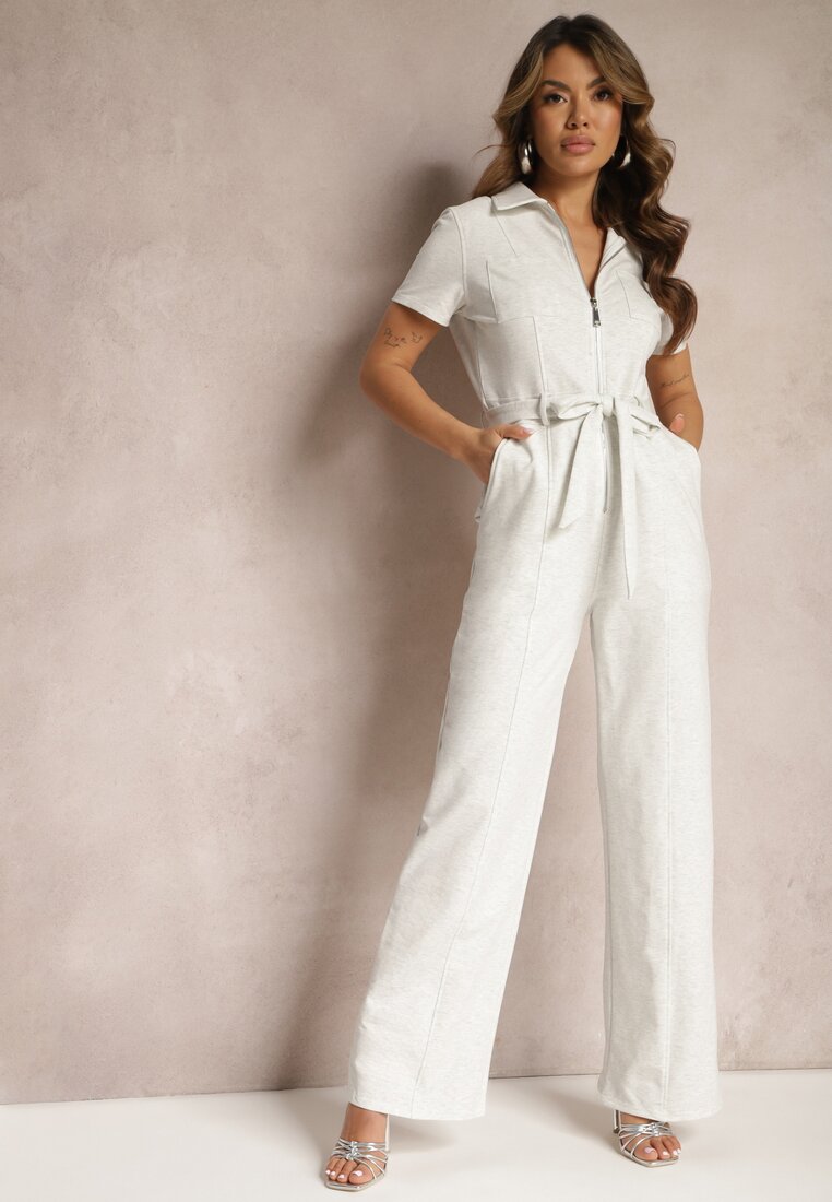 Salopetă Gri deschis din bumbac elastic cu fermoar și centură legată Ecatra