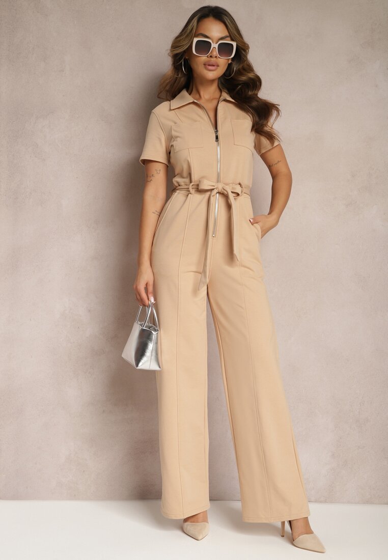 Salopetă Bej din Bumbac Elastic cu Fermoar și Cordon Înnodat Ecatra