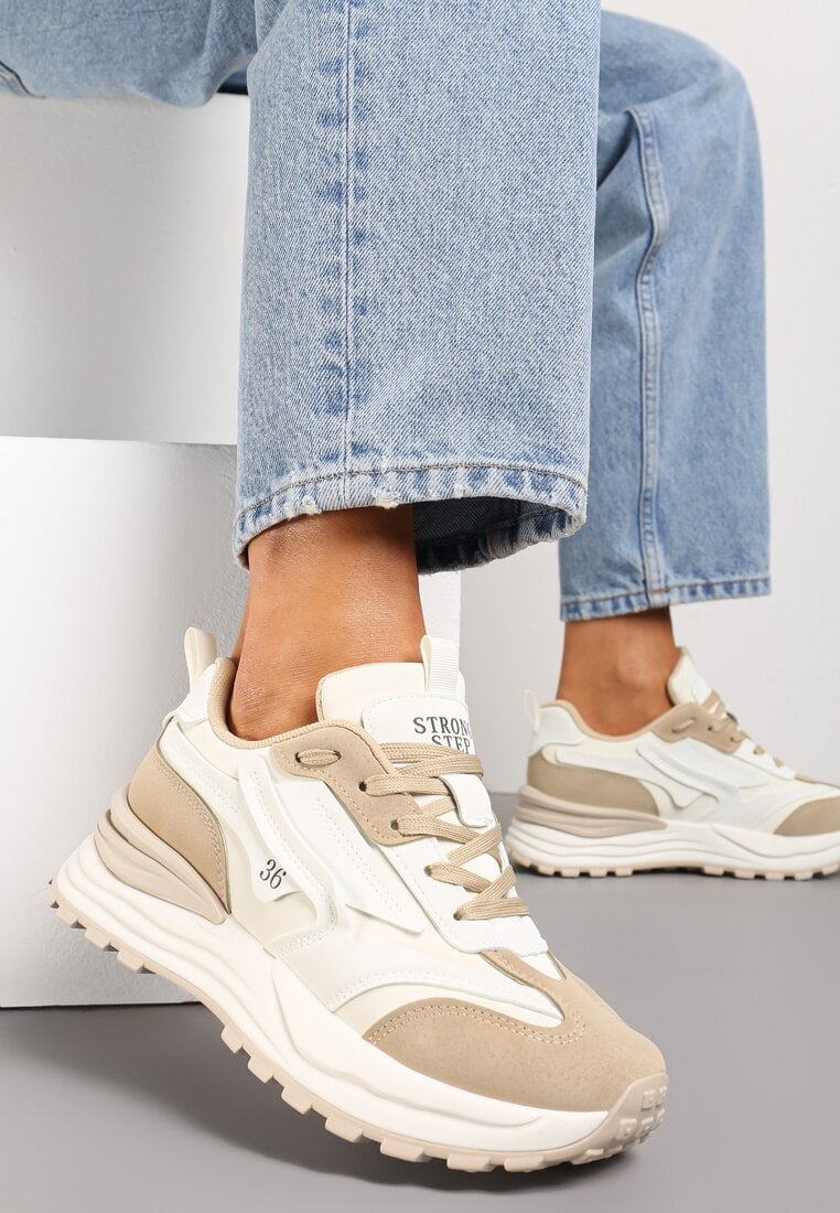 Sneakers bej din piele ecologică cu șireturi și aplicații decorative Ocellia