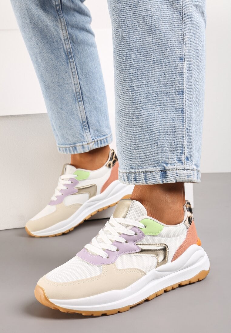 Adidași bej și mov cu talpă plată, cu șireturi și inserții textile Haretta