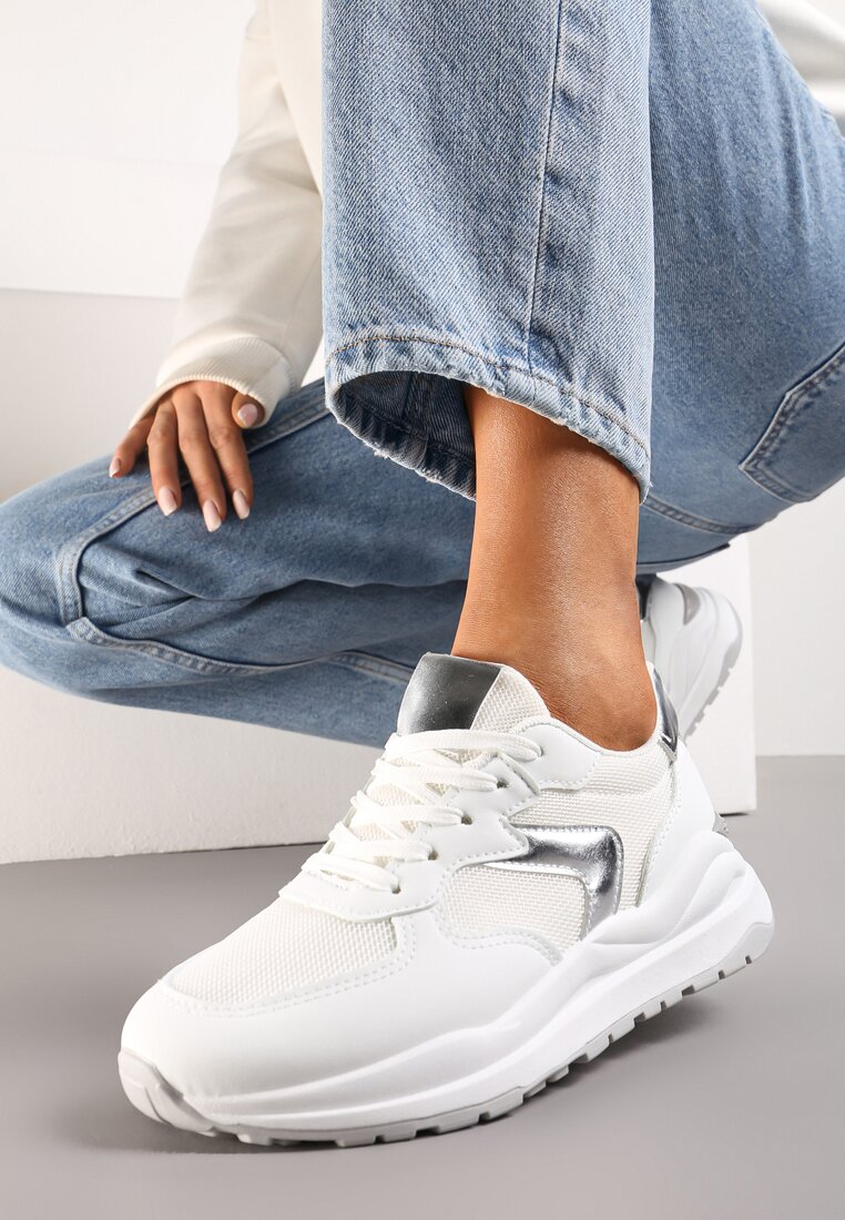 Adidași Alb-Argintii cu Talpă Plată, cu Șireturi și Inserții Materiale Haretta