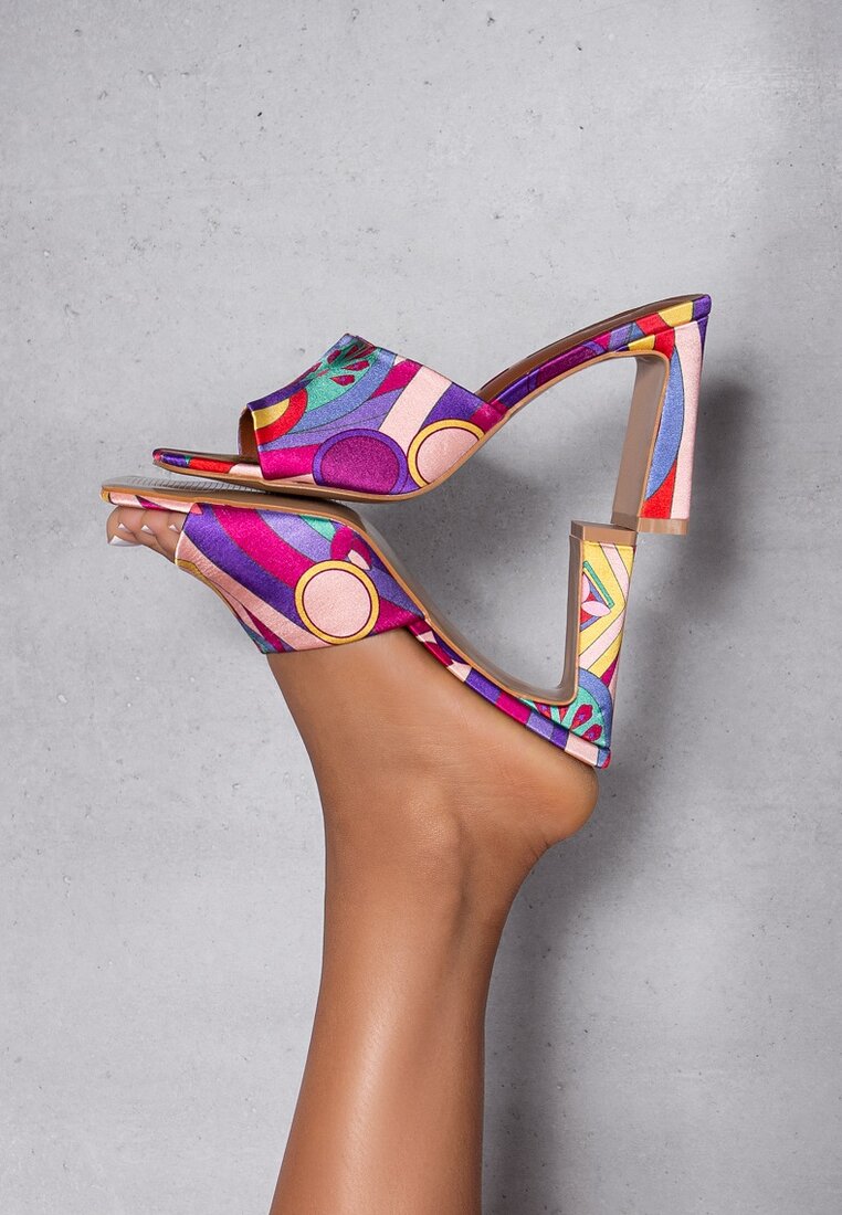 Papuci violet din satin cu model abstract pe toc înalt Satella