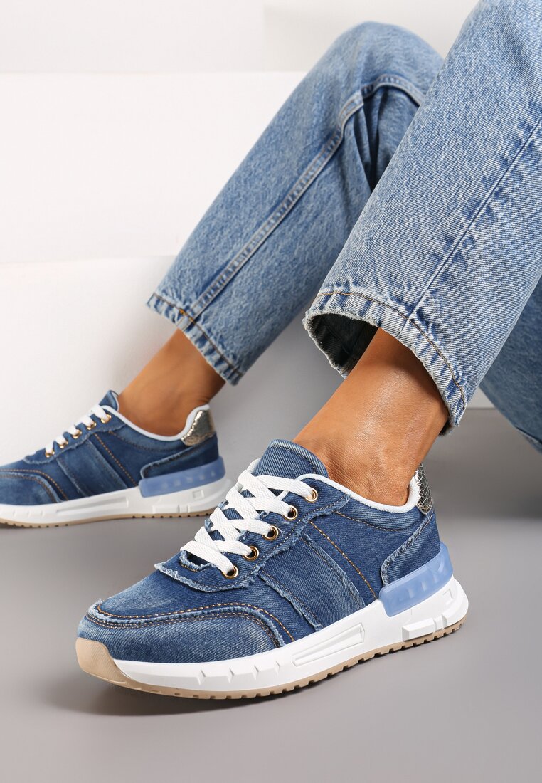 Adidași bleumarin din blugi cu inserții aurii și cusături decorative Anilema