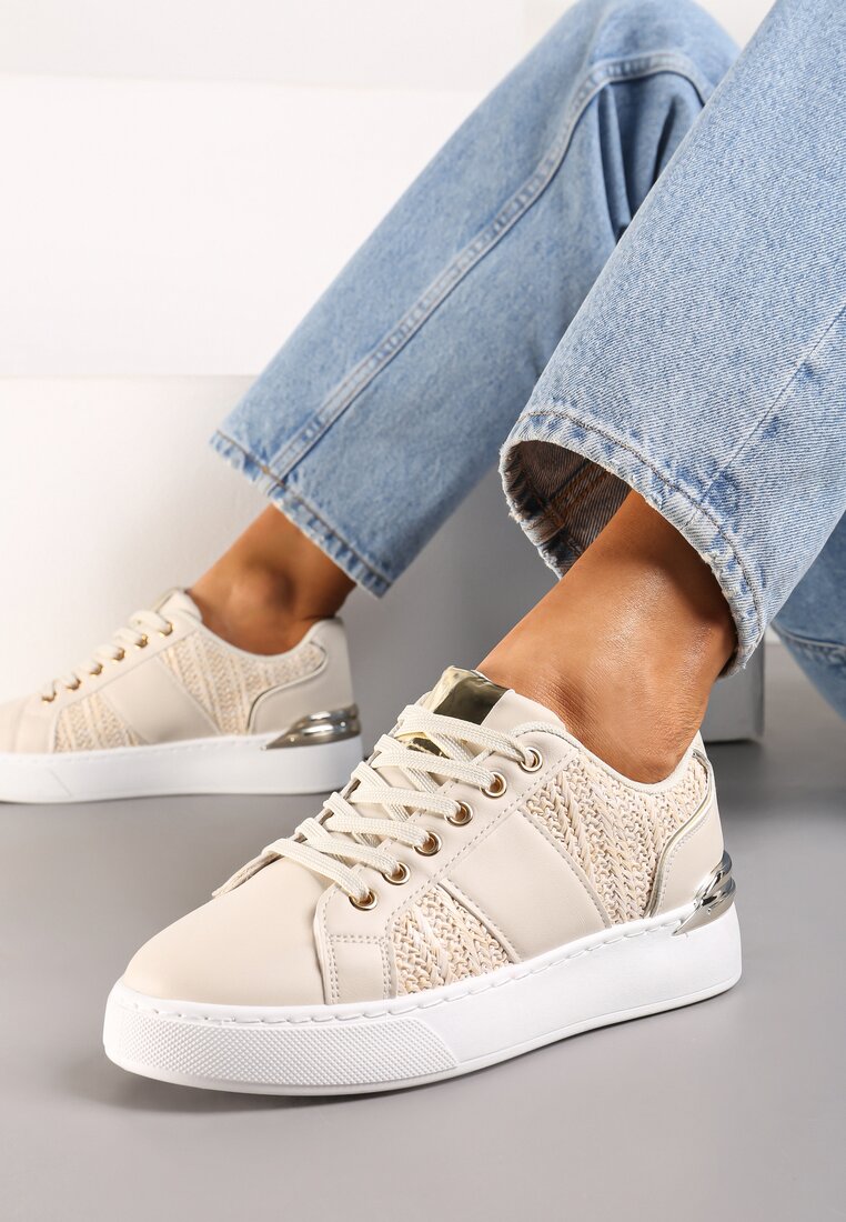 Adidași bej cu șireturi din piele ecologică cu împletitură și inserție metalică Josephina