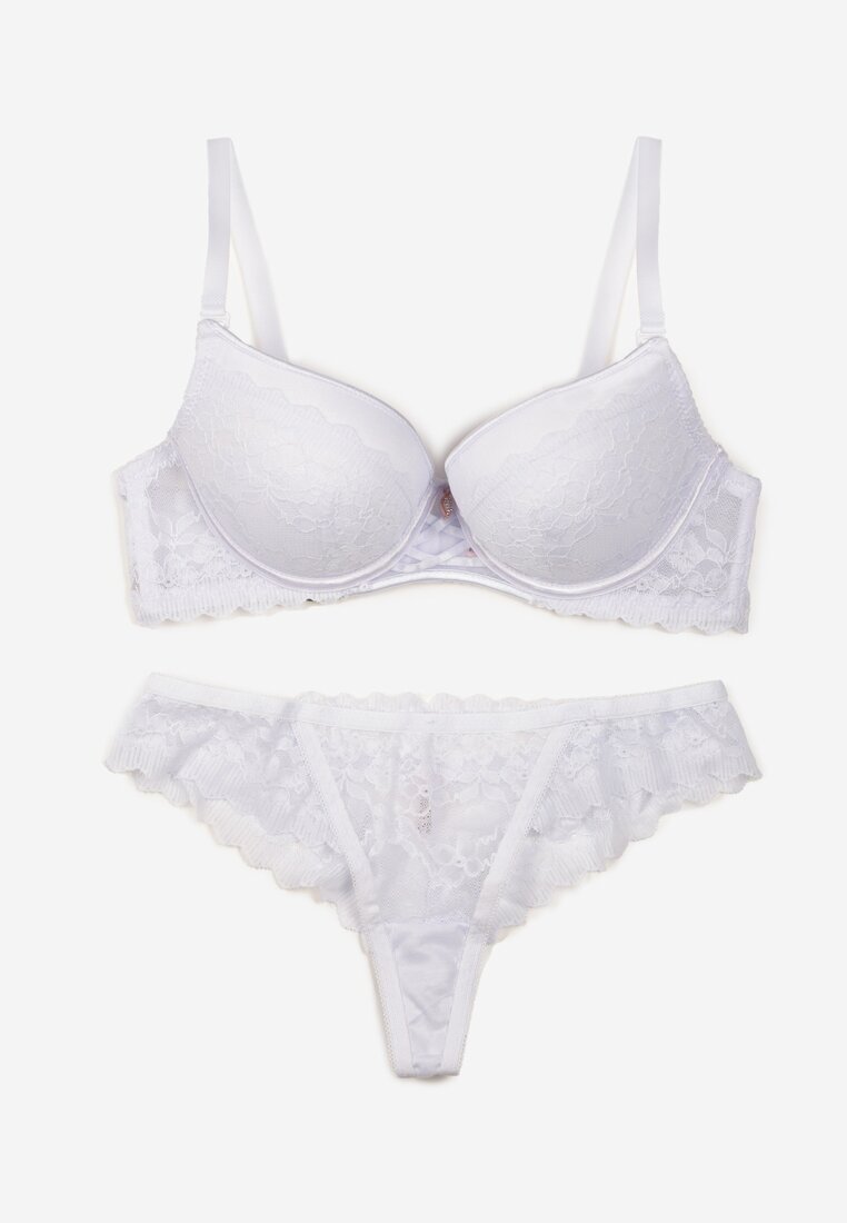Set Lenjerie Dantelat Alb Sutien Întărit Push-up și Chiloți tanga Jasminesa