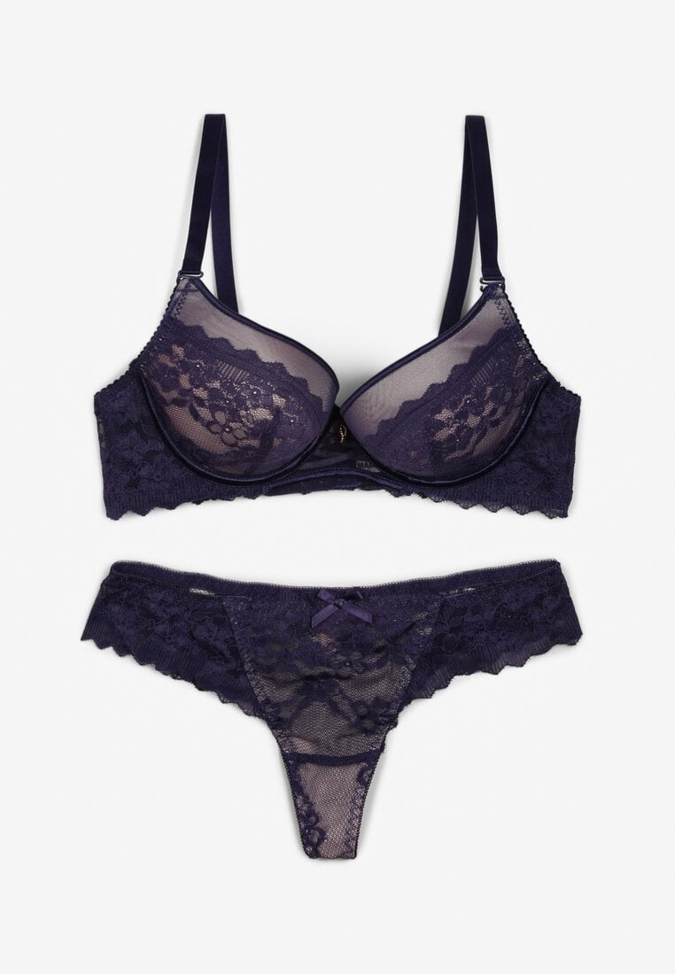 Compleu Din Dantelă Bleumarin De Lenjerie Sutien Întărit Push Up Și Chiloți Tanga Jasminesa