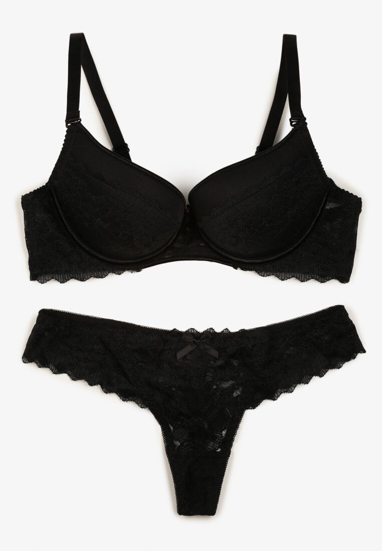 Set Negru de Lenjerie Sutien Push-Up și Chiloți tanga cu dantelă Aurorra