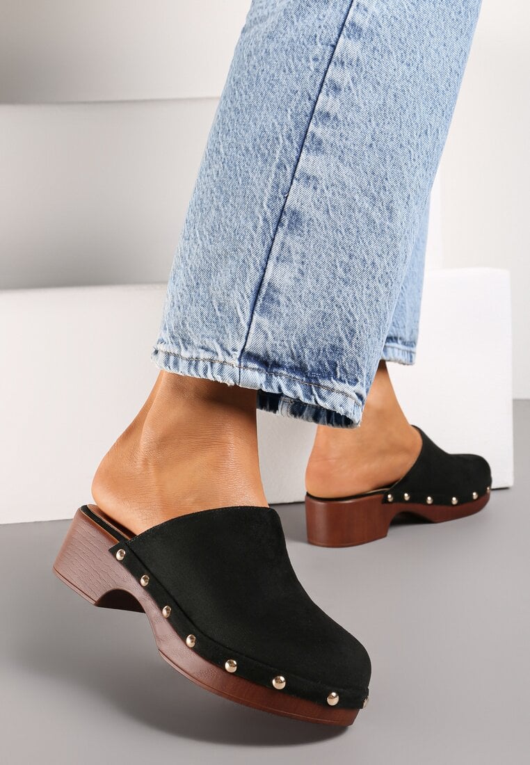 Papuci Negri Tip saboți cu nituri și cu toc plat Nerai