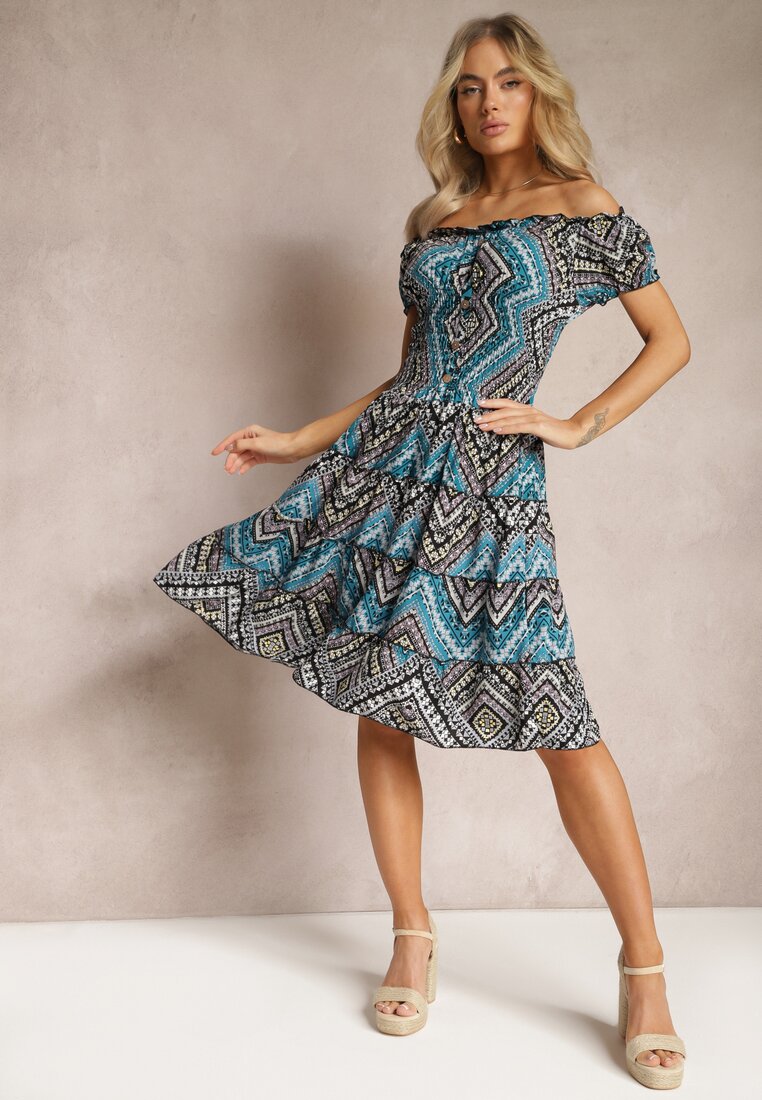 Rochie Verde-Neagră Elastică Boho cu Decolteu Spaniol din Bumbac Solphina