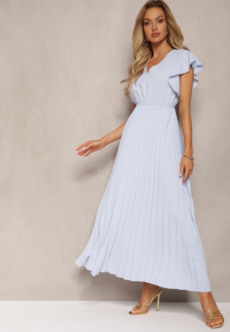 Rochie Albastru deschis Evazată cu Pliuri Maxi cu Volane la Umeri Nethula