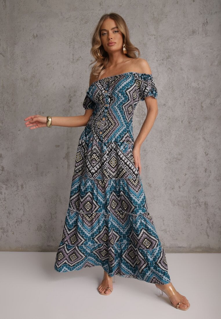 Rochie Verde-Albastră din Bumbac în Stil Spaniol cu Model Etno și Elastic în Talie Kinetha