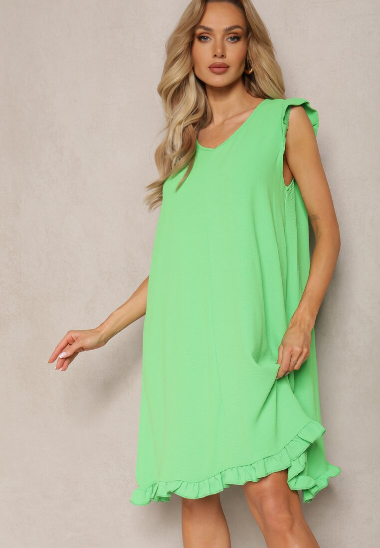 Rochie trapezoidală verde deschis de vară fără mâneci cu volan Heola