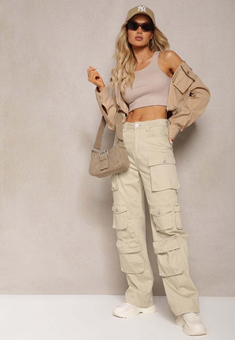 Pantaloni Bej deschis Din bumbac Cargo High Waist Arcara