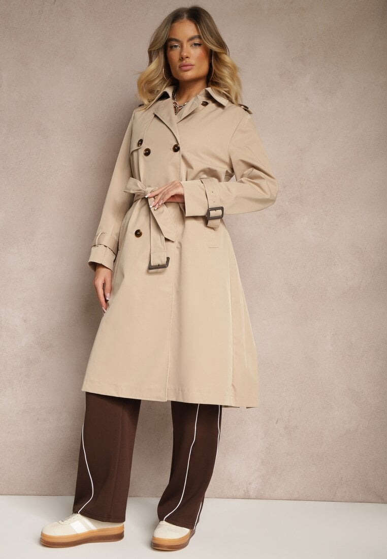 Palton tip trenci Bej cu pliuri la spate, cu curea în talie și închidere dublă Sigin