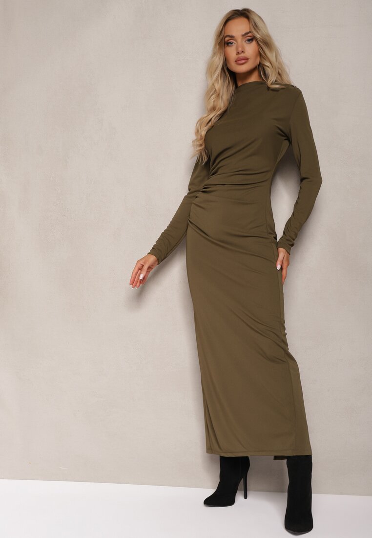 Rochie de cocktail cambrată verde închis cu drapaj modern și șliț Faeridae