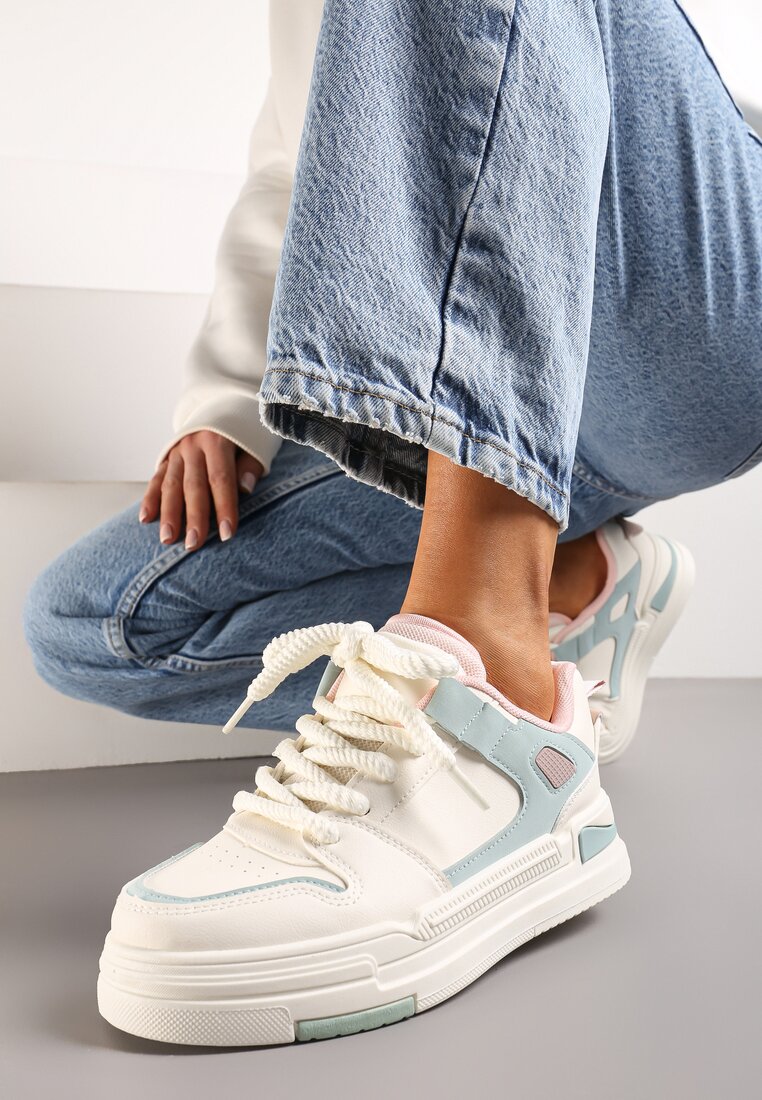 Adidași Alb-Albaștri cu Platformă Joasă cu Șireturi Groase și Limbă Dublă Minseja